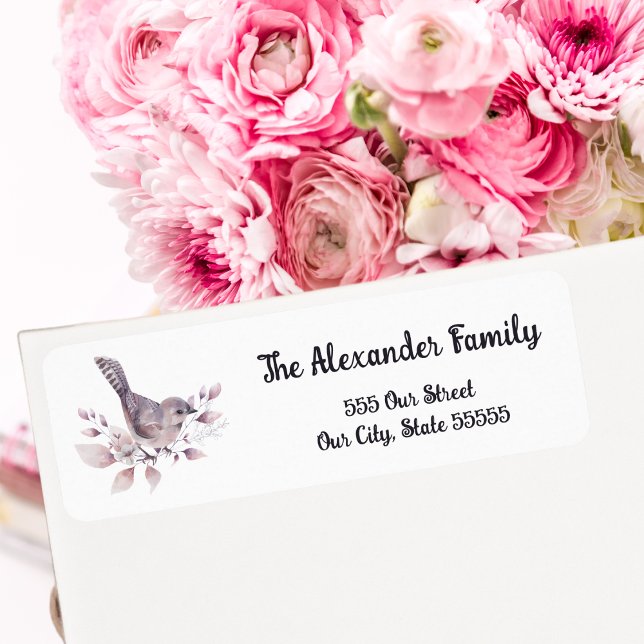 Etiqueta Pássaro Bonito de Aquarela e Folhagem Rosa (Criador carregado)