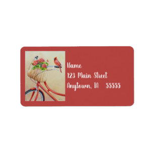 Etiqueta Pássaro Cardeal Empoleirado na Bicicleta Aquarela