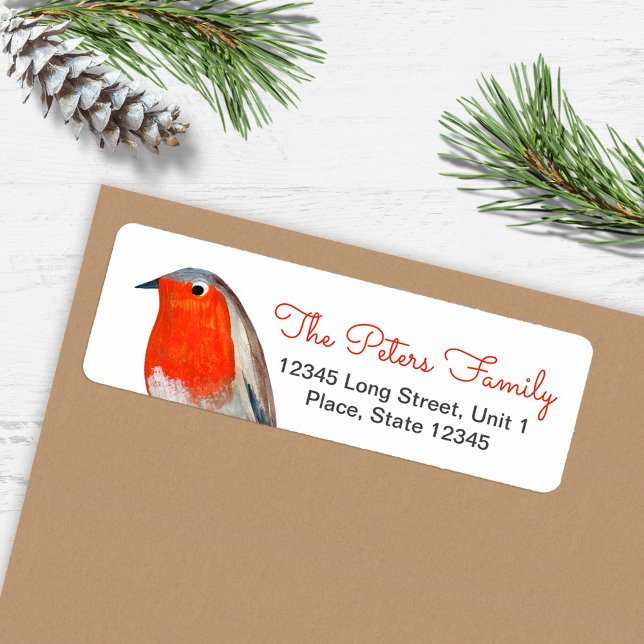 Etiqueta Pássaro Vermelho Cinto Robin Azul (Cute Bird Red Robin Blue Christmas Label)