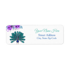 Etiqueta Pavão Verde e Azul | Flores De Aquarelas Roxas