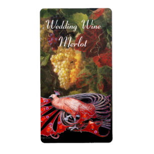 ETIQUETA PEACOCK VERMELHO ELEGANTE COM VINHO DE CAMA DE UVA