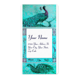 Etiqueta PEACOCKS DE AMOR DE CASAMENTO, azul-turquase-branc