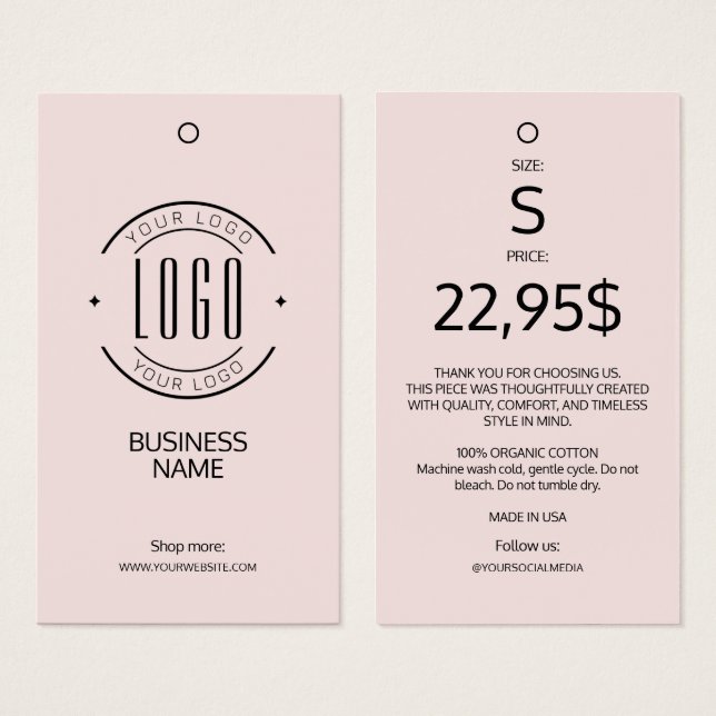 Etiqueta pendente de rótulo de roupa rosa blush co (Frente & Verso)