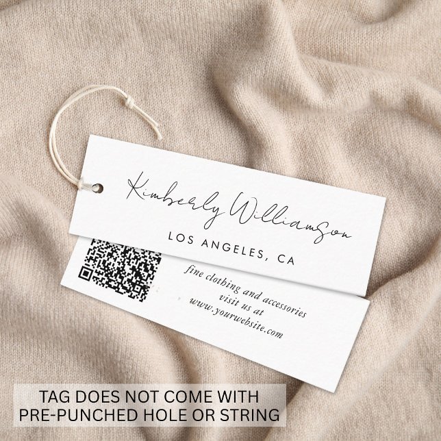 Etiqueta Pendente de Roupas com Código QR em Letra (Chic Handwritten Script QR Code Clothing Hang Tag)