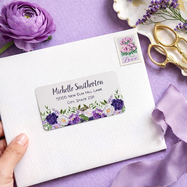 Etiqueta Peônias Botânicas Florais Roxas (Purple peonies address label)
