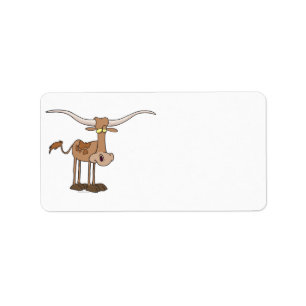Etiqueta personagem de desenho animado de vaca longhorn bob