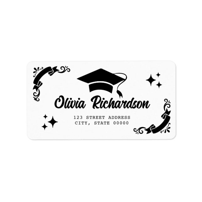 Etiqueta Personalized Graduation Elegant Script Stars & Cap (Frente)