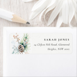 Etiqueta Pine Cone Watercolor Winter Berries Endereço