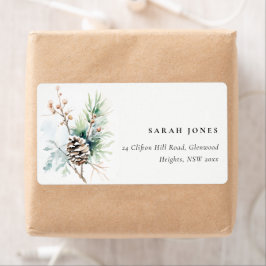 Etiqueta Pine Cone Watercolor Winter Berries Endereço