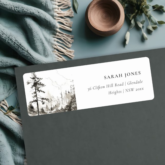 Etiqueta Pine Woods Mountain Landscape Endereço do desenho (Criador carregado)