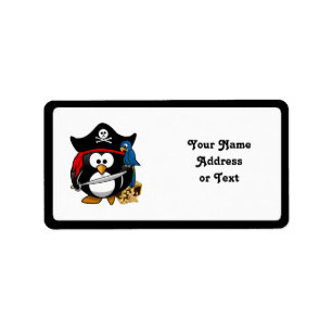 Etiqueta Pinguim Pirata Bonito com Treasure Chest