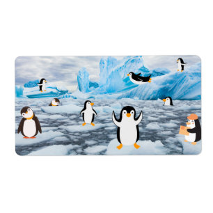 Etiqueta pinguins bonitos no gelo da Antártica