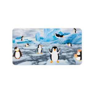 Etiqueta pinguins bonitos no gelo da Antártica