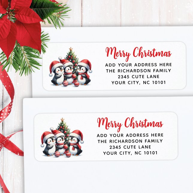 Etiqueta Pinguins Festivos Vermelhos Brancos Felizes de Nat (Criador carregado)