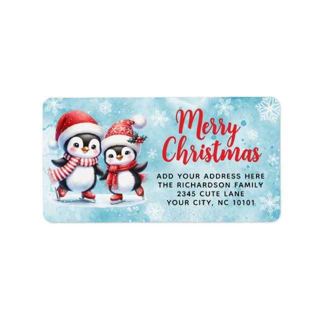 Etiqueta Pinguins Ice Skating Blue Merry Christmas (Frente)