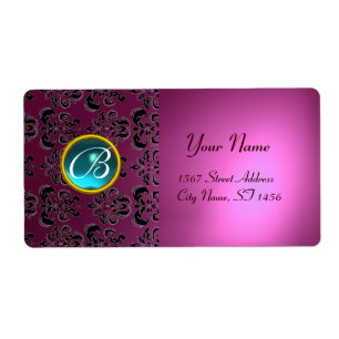 Etiqueta PINK BLACK DAMASK MONOGRAMA, aquamarina azul