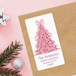 Etiqueta Pink Christmas Tree and Bow Return Address