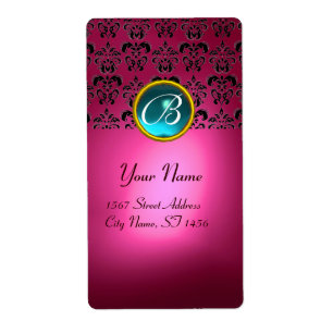 Etiqueta PINK NEGRO DAMASK MONOGRAM, aquamarine turquase