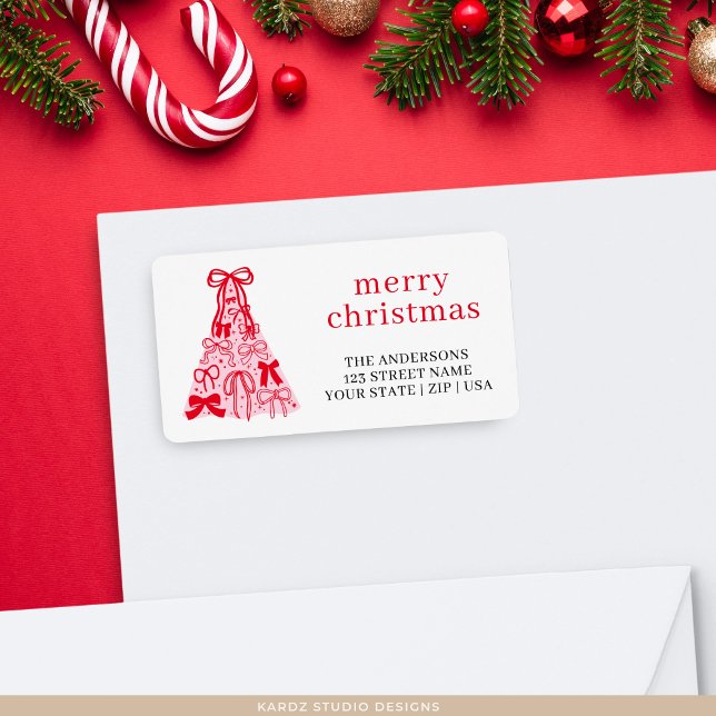 Etiqueta Pink Red Bow Merry Christmas Address Label (Criador carregado)