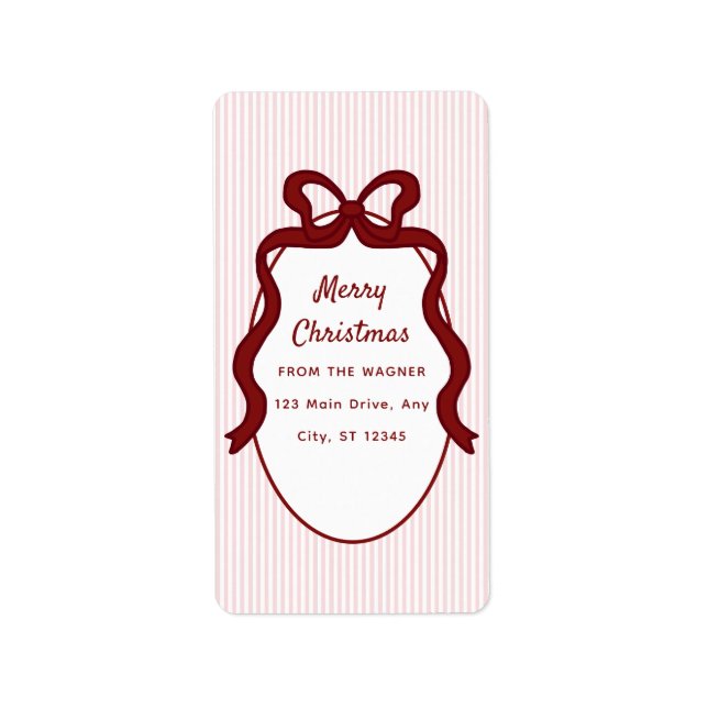 Etiqueta Pink Red Stripes & Bow Frame Christmas  (Frente)
