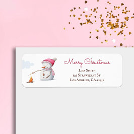 Etiqueta Pink Snowman Marshmallows Endereço de Regresso de