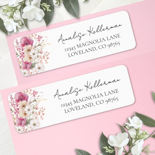 Etiqueta Pink Wildflower Return Address (Pink Wildflower Return Address Label )