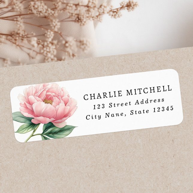 Etiqueta Pintura de flor de peônia rosa endereço de devoluç (Pink peony flower painting return address label)