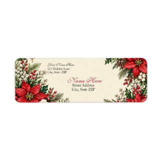 Etiqueta Poinsettia & Azevinho de Natal Elegante Vintage