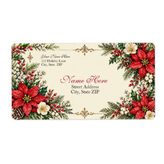 Etiqueta Poinsettia & Azevinho de Natal Elegante Vintage