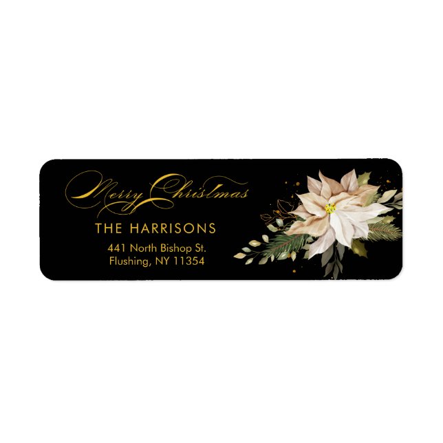 Etiqueta Poinsettia Branca e Feliz Caligrafia de Natal (Frente)