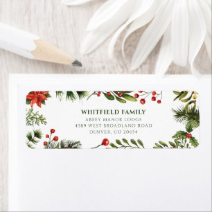 Etiqueta Poinsettia Christmas Greenery Endereço de Regresso