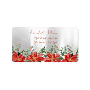 Etiqueta Poinsettia de Aquarela de Natal, Prata