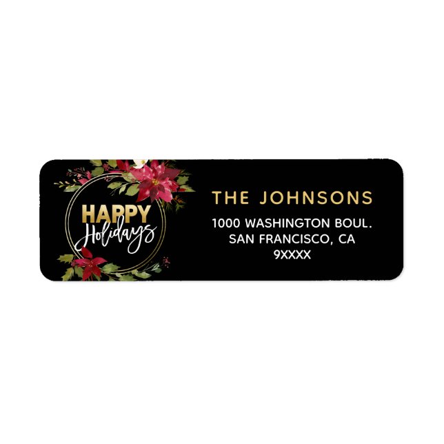 Etiqueta Poinsettia Holly Wreath Red Dourados Feriados Feli (Frente)