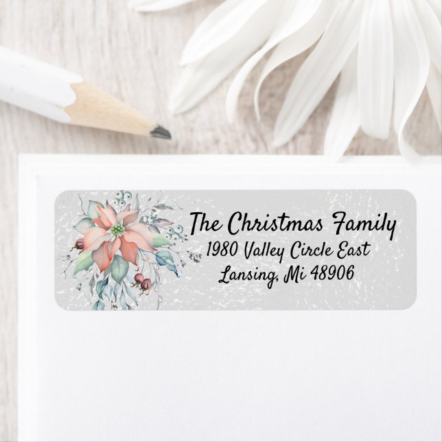 Etiqueta Poinsettia Neve, folhas, bagas, aquarela (Insitu)