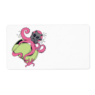 Etiqueta polvo rosa vestindo máscara de gás