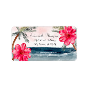 Etiqueta Praia de Watercolor,Palms,Hibiscus