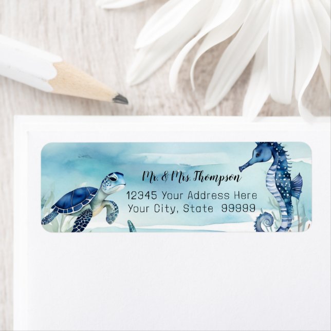 Etiqueta Praia Submarino Tartaruga Cavalo-Marinho Aquarela  (Insitu)