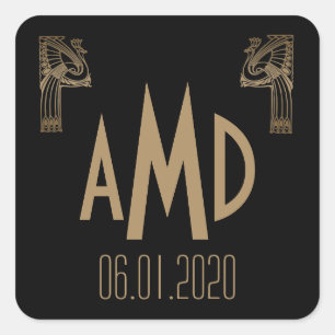 Etiqueta preta e Dourado do monograma do pavão do