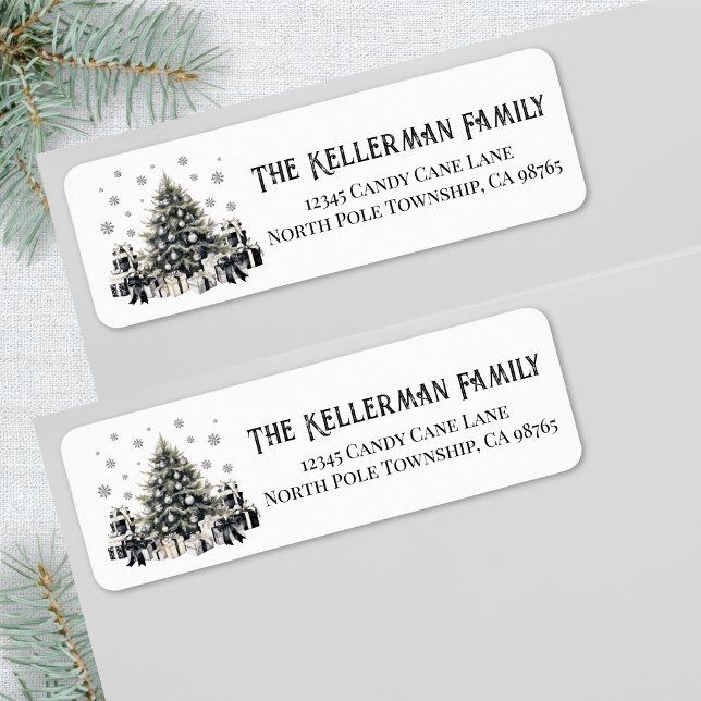 Etiqueta Preto Branco Elegante Endereço de Devolução de Nat (Black White Elegant Christmas Return Address label )