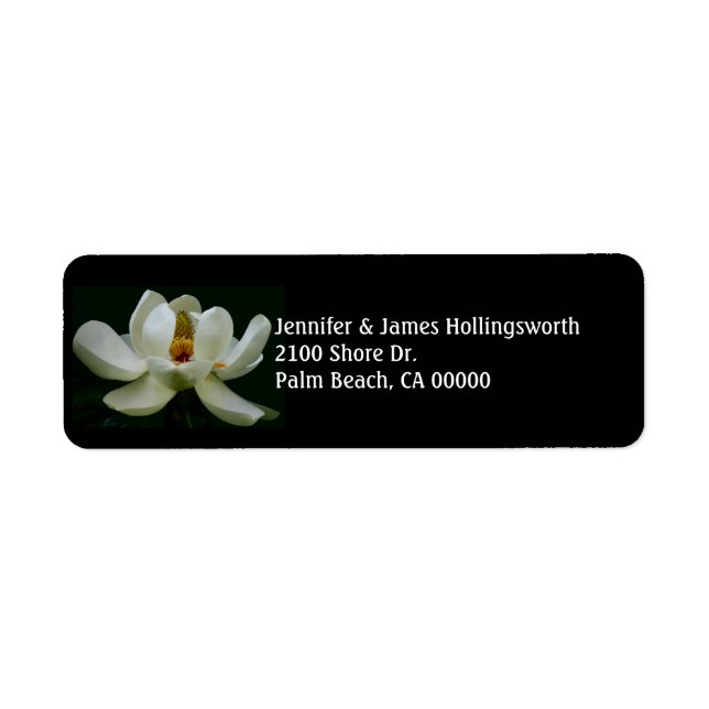 Etiqueta Preto Elegante Com Magnolia Branca Personalizado (Frente)