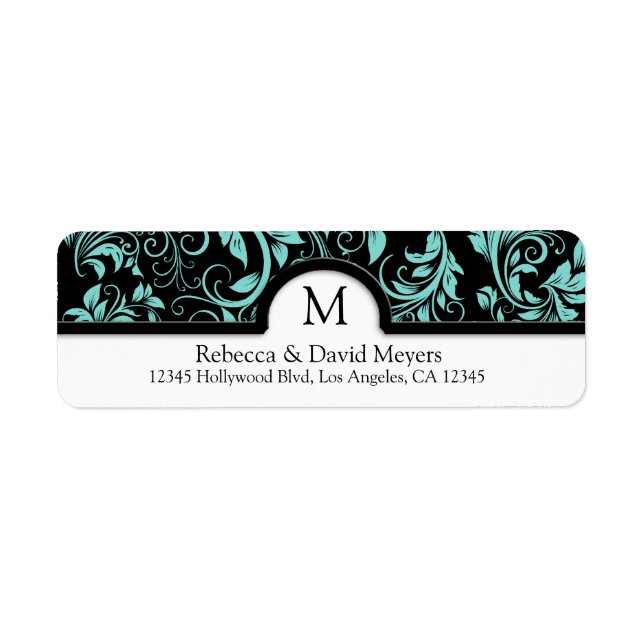 Etiqueta Preto Elegante e Azul Teal com Monograma (Frente)