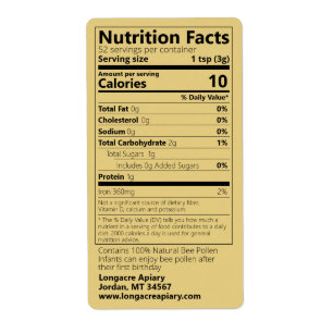 Etiqueta Produto Dourado de Fatos de Nutrição de Pólen d