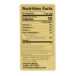 Etiqueta Produto Dourado de Fatos de Nutrição de Pólen de A