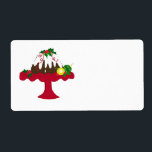 Etiqueta Pudim de Natal<br><div class="desc">Um design festivo com um pudim de Natal delicioso em uma placa vermelha de bolo. Destacado com bagas e ornamentos sagrados.</div>