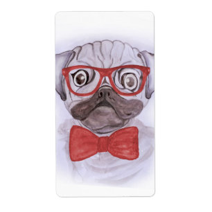Etiqueta Pug de aquarela engraçada, cãozinho, com óculos