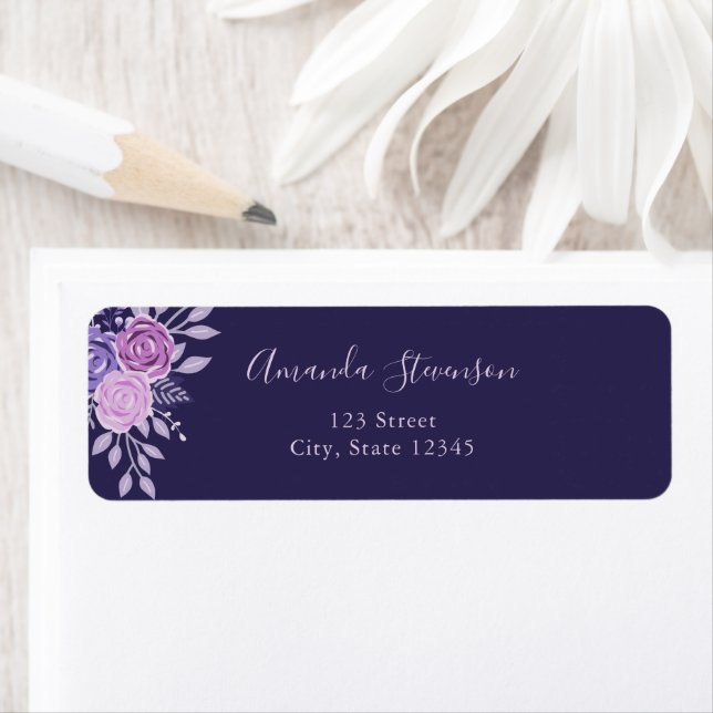 Etiqueta Púrpura de aquarela e padrão floral rosa (Insitu)