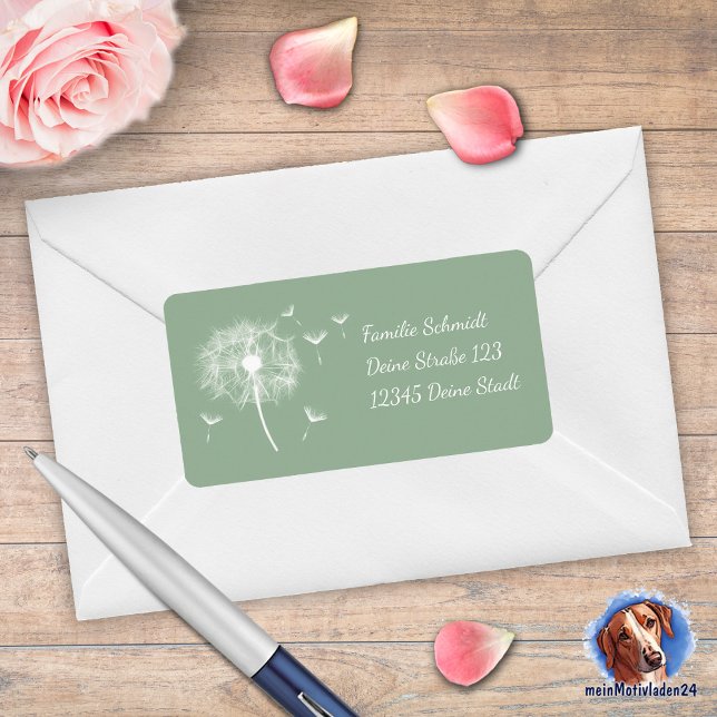 Etiqueta Pusteblume - grün | romantischer (romantischer Adressaufkleber mit filigranen Pusteblumen auf grünem Hintergrund)