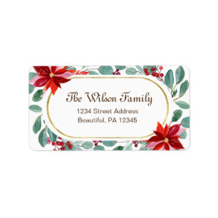 Etiqueta Quadro Dourado Elegante de Poinsettia de Natal Euc