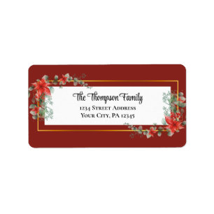 Etiqueta Quadro Dourado Floral de Poinsettia Vermelha Natal