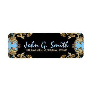 Etiqueta Quadro Floral Elegante Dourado, Azul e Preto